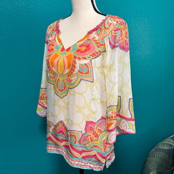 Hale Bob 100% Silk Beaded Neckline Multicolor Print Women's Blouse XS - Picture 9 of 11